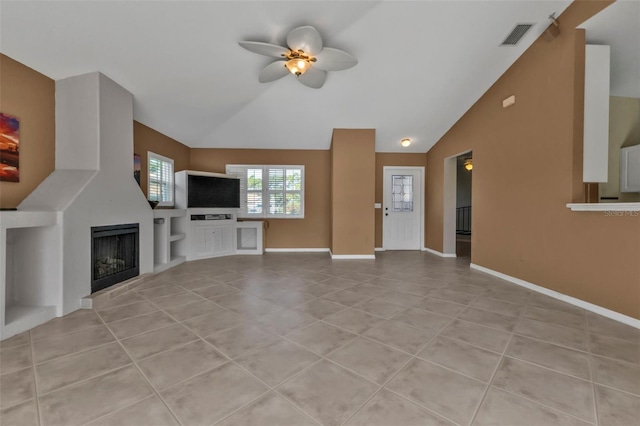 unfurnished living room featuring ceiling fan, light tile patterned floors, and high vaulted ceiling