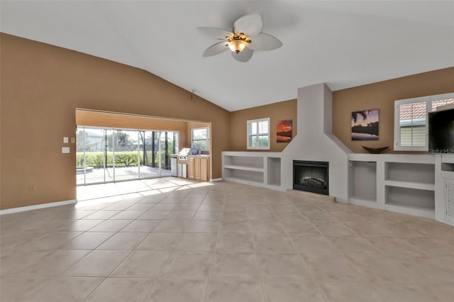 unfurnished living room with ceiling fan, built in features, light tile patterned floors, and lofted ceiling