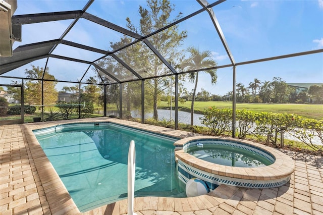 view of swimming pool with a lanai, a patio area, an in ground hot tub, and a water view