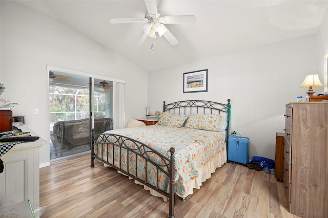 bedroom with ceiling fan, lofted ceiling, access to exterior, and light hardwood / wood-style flooring