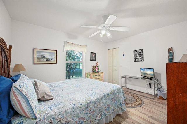 bedroom with ceiling fan, a closet, and light hardwood / wood-style flooring