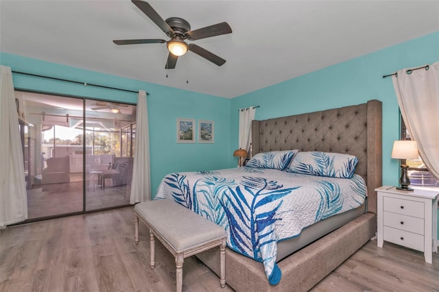 bedroom featuring ceiling fan, access to exterior, and light wood-type flooring