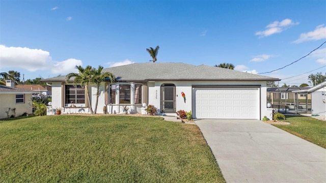 ranch-style home with a garage and a front yard