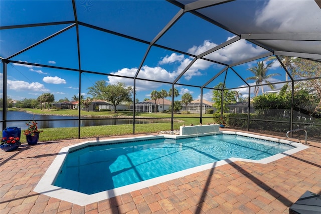 view of pool featuring a lanai, a patio area, and a water view