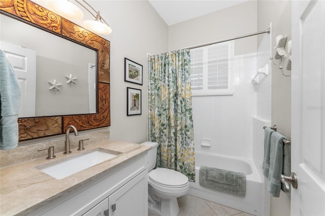 full bathroom with tile patterned flooring, vanity, toilet, and shower / bathtub combination with curtain