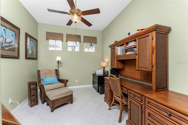 tiled office space with ceiling fan