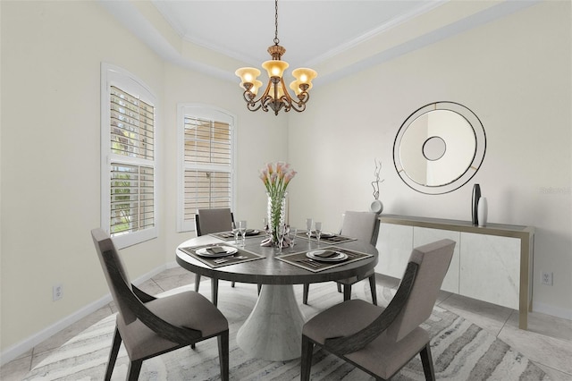 tiled dining room featuring crown molding and an inviting chandelier