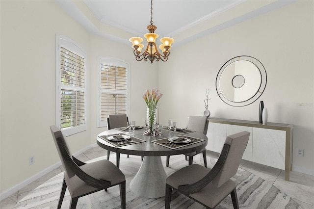 15460 Longview Rd, Port Charlotte, FL 33981 - dining space featuring a chandelier, ornamental molding, baseboards, and light tile patterned floors