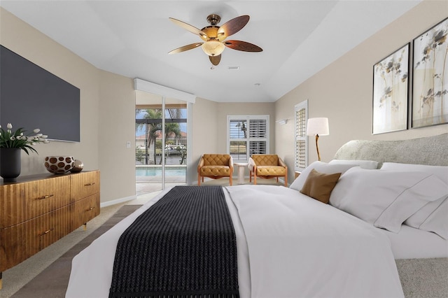 15460 Longview Rd, Port Charlotte, FL 33981 - bedroom with carpet flooring, access to outside, ceiling fan, and baseboards