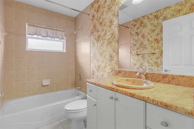 15460 Longview Rd, Port Charlotte, FL 33981 - bathroom featuring shower / washtub combination, vanity, toilet, wallpapered walls, and tile patterned flooring