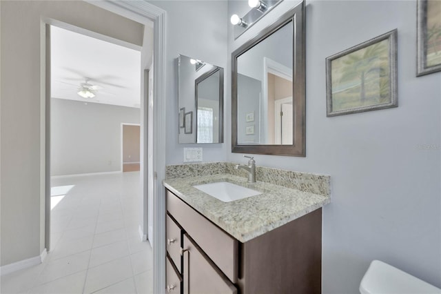 bathroom with toilet, vanity, tile patterned floors, and ceiling fan