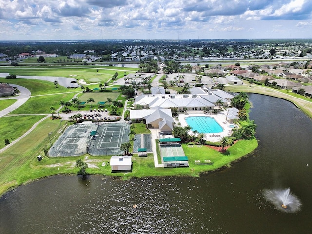 drone / aerial view with a water view