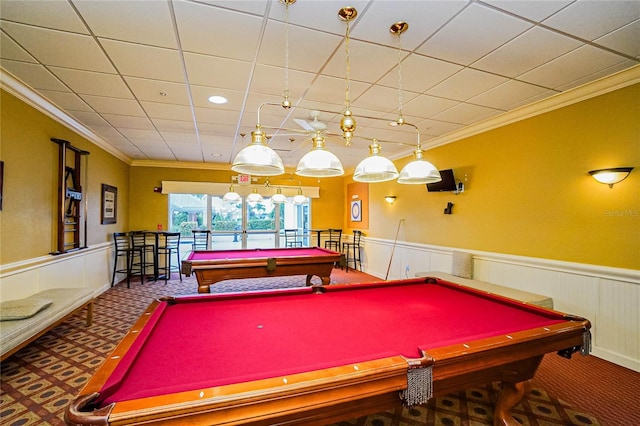 recreation room with crown molding, pool table, and carpet floors