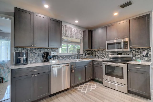 kitchen with decorative backsplash, sink, stainless steel appliances, and light hardwood / wood-style floors