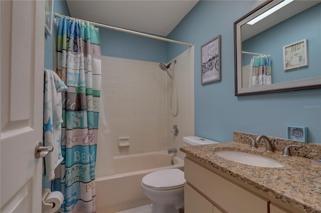 full bathroom with toilet, vanity, and shower / tub combo with curtain