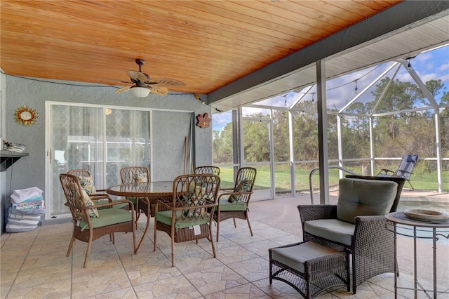 sunroom featuring ceiling fan and wooden ceiling