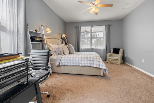 carpeted bedroom featuring ceiling fan