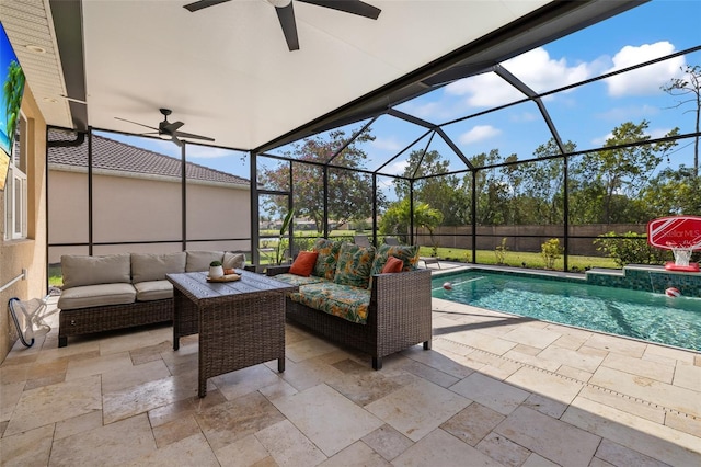 view of patio / terrace with a fenced in pool, an outdoor hangout area, pool water feature, and glass enclosure