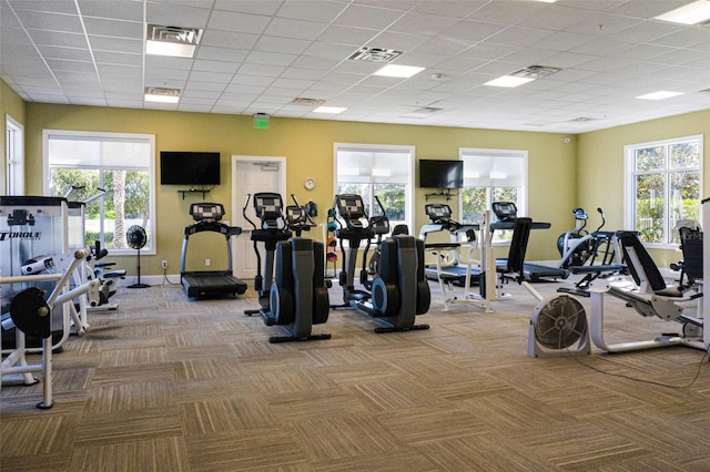 gym featuring light carpet