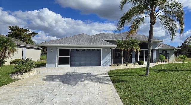 ranch-style house with a garage and a front yard