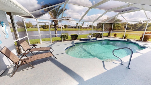 view of swimming pool featuring a lanai, a patio area, and a water view