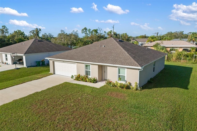 single story home with a garage and a front yard