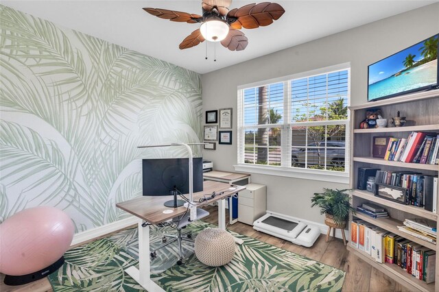 office with ceiling fan and hardwood / wood-style floors