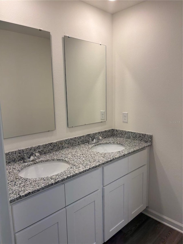 bathroom with hardwood / wood-style flooring and vanity