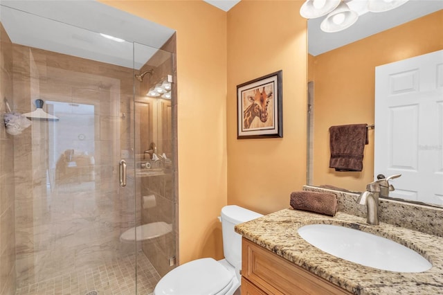 bathroom with vanity, toilet, and an enclosed shower