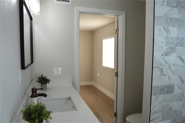 bathroom with vanity, wood-type flooring, and toilet