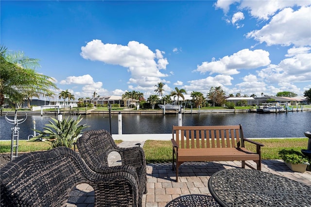 view of patio / terrace featuring a water view