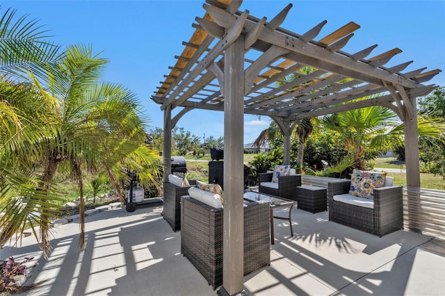 view of patio / terrace featuring a pergola and an outdoor hangout area