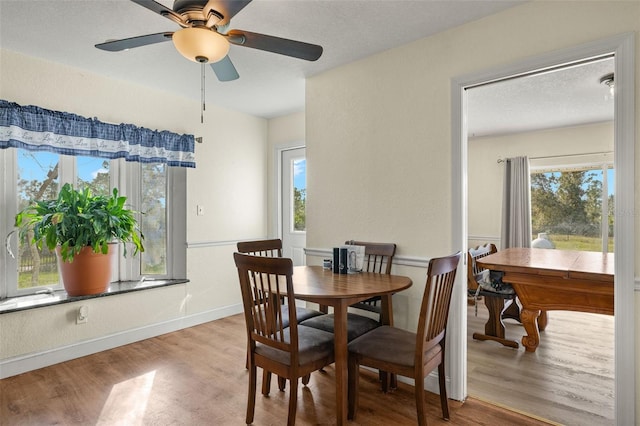 dining room with ceiling fan, light wood-type flooring, a textured ceiling, and a wealth of natural light