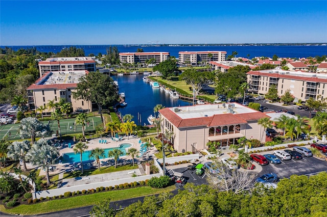 drone / aerial view featuring a water view