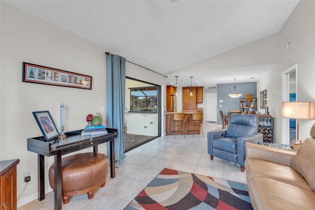 tiled living room featuring vaulted ceiling