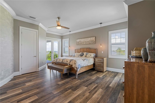 bedroom with access to exterior, ceiling fan, dark hardwood / wood-style flooring, and ornamental molding