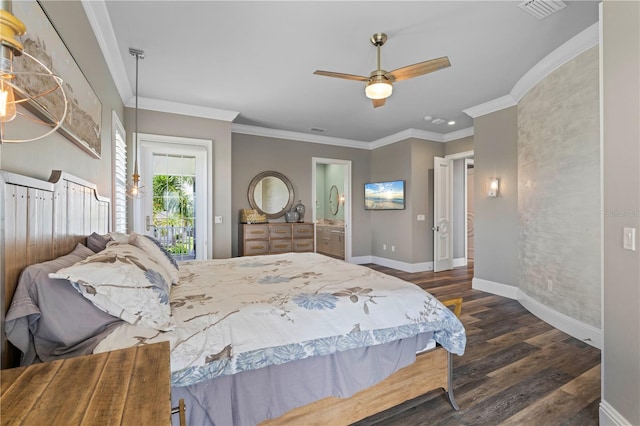 bedroom with access to exterior, ceiling fan, dark hardwood / wood-style flooring, and ornamental molding