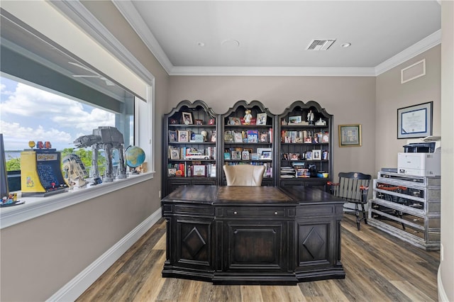 office featuring crown molding and dark hardwood / wood-style flooring