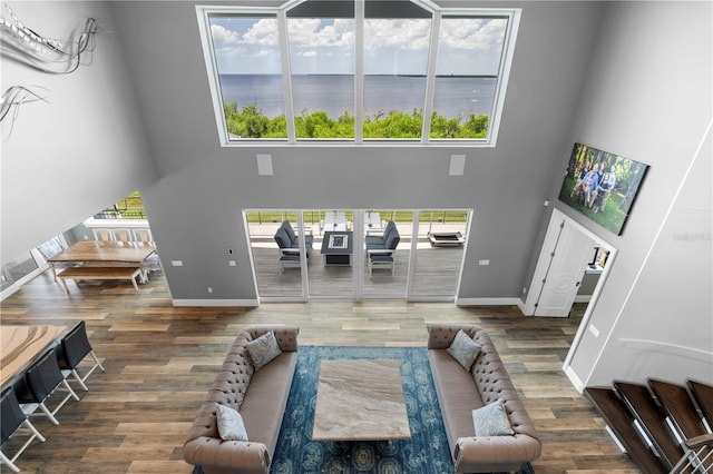 living room with a high ceiling, a water view, and dark wood-type flooring