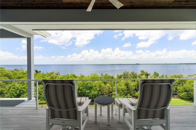 wooden terrace with ceiling fan and a water view