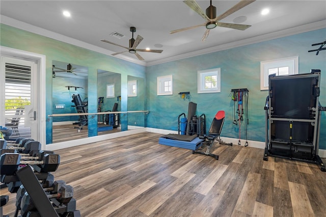 workout area featuring hardwood / wood-style floors and crown molding