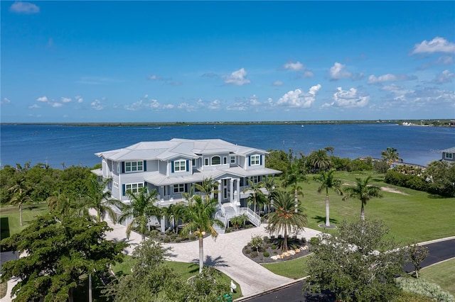 aerial view featuring a water view