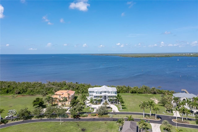 drone / aerial view featuring a water view