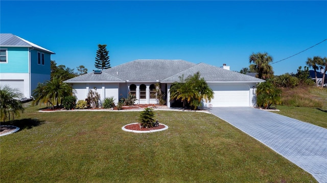 view of front of home featuring a front yard and a garage