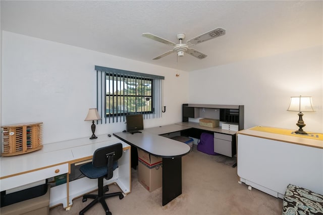 office area featuring a textured ceiling, ceiling fan, and light carpet