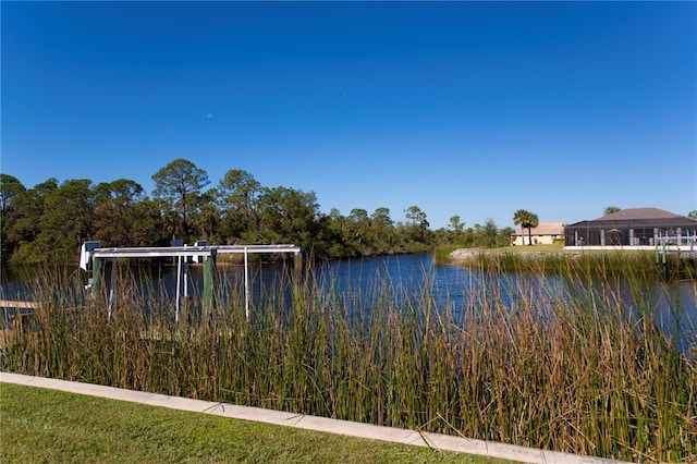 view of water feature with a dock