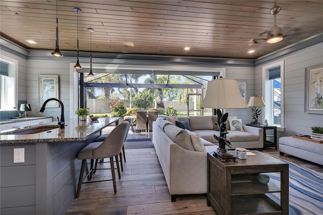 living room featuring wood walls, wooden ceiling, dark wood-type flooring, and sink