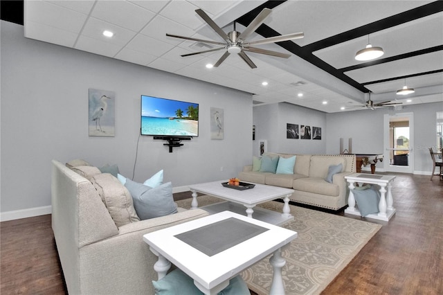 living room with dark hardwood / wood-style floors and ceiling fan