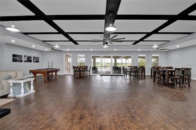 interior space with dark wood-type flooring, coffered ceiling, and pool table