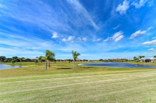 view of community featuring a lawn and a water view